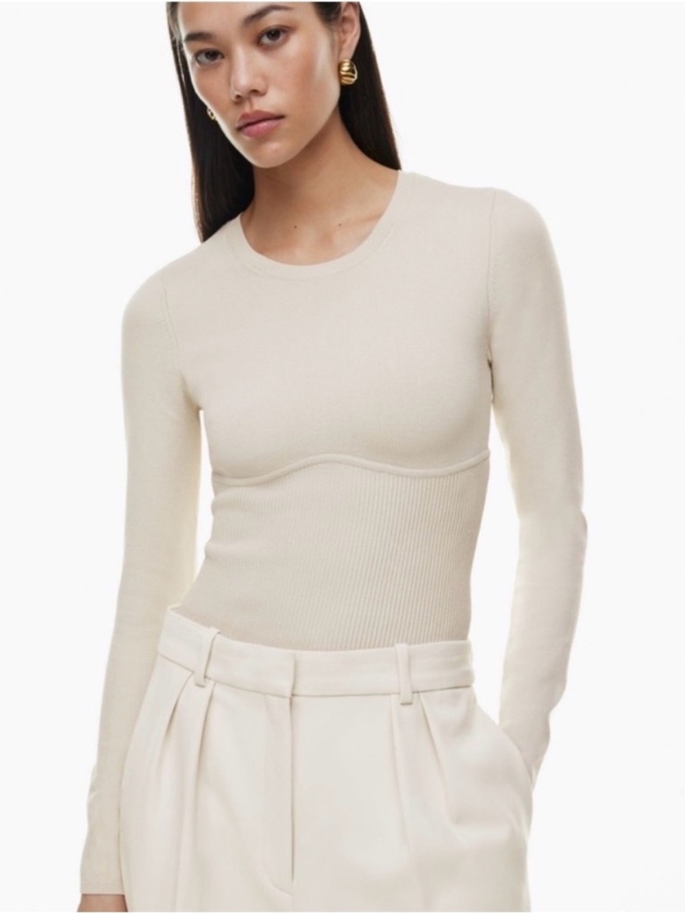 Babaton Cream Long-Sleeve Sculpted Ribbed Top